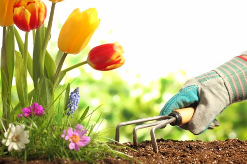 Team member tending a community garden in Brixton with tools