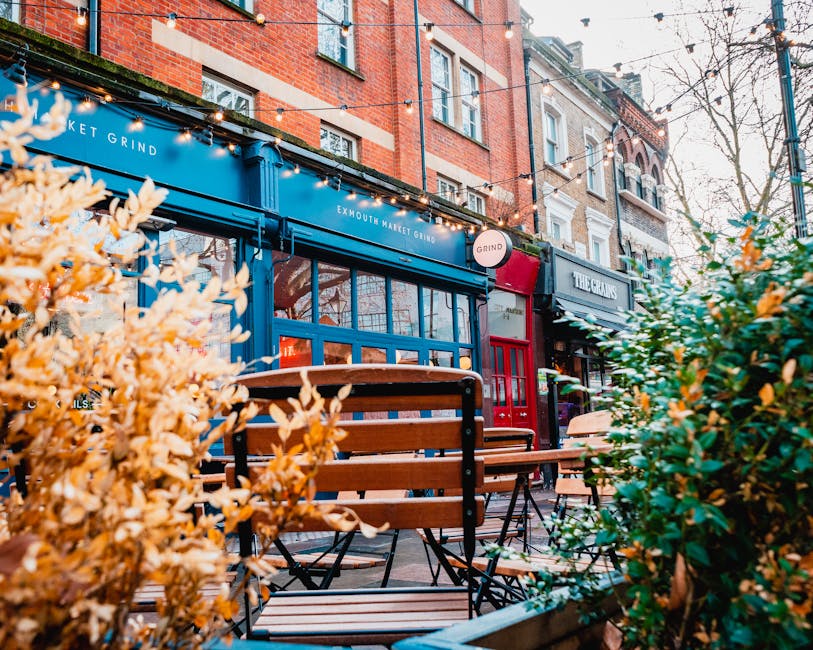 An outdoor display of potted flowering plants and garden bedding arranged in black plastic crates and white buckets outside a shop in Brixton. The collection includes vibrant red, pink, orange, and wh